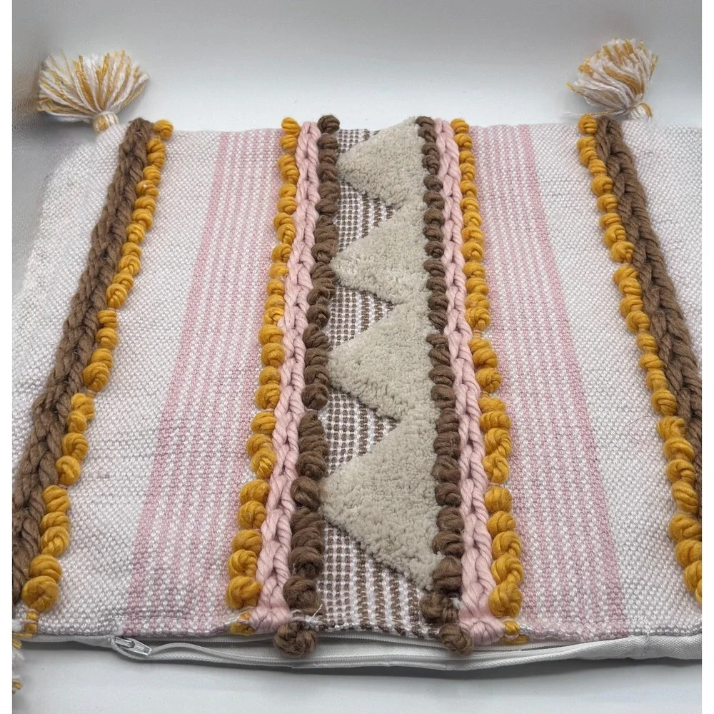 Lot 4 Boho Textured Pillowcase Cover 18x18 Woven Tufted Tassels